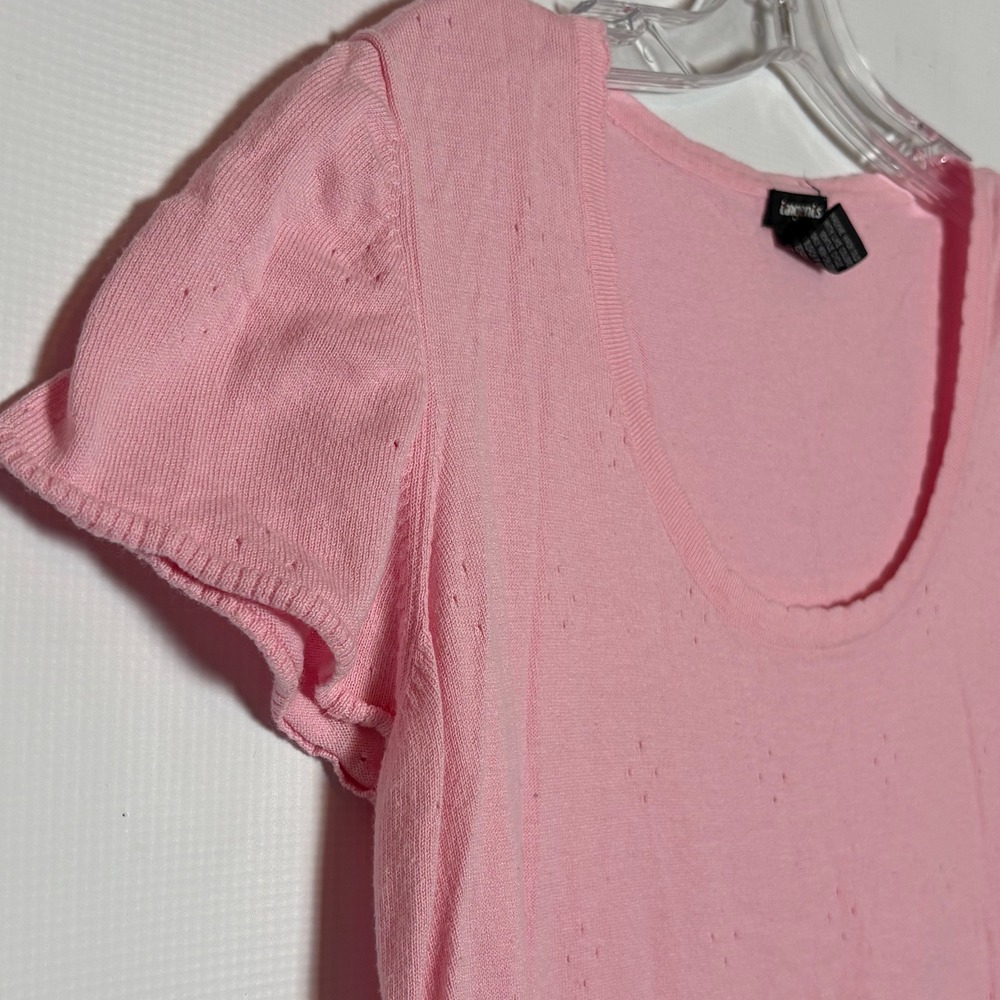 Tangents Pink Scoop Neck Pointelle Knit Short Sleeve Top XL Cotton Rayon Y2K - Picture 2 of 7